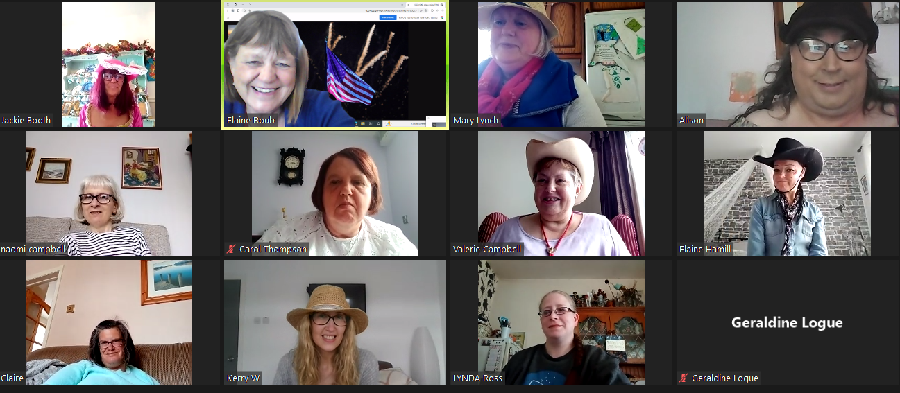 The photograph shows a screenshot of a Zoom call.  This photo was taken at an on-line party of the Women’s Group and some are wearing different hats.