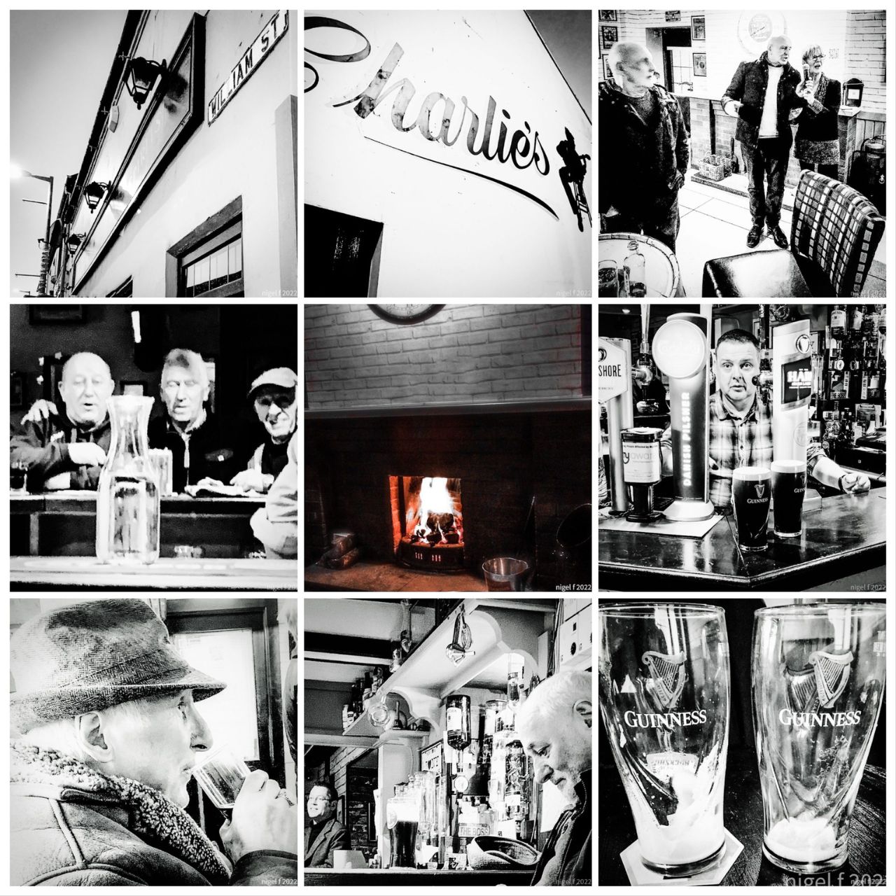This photograph is a montage of different images taken in Charlie’s Bar, most are black and white with a colour photo in the centre of a warm and cosy open fire.  This was compiled by Nigel Flynn as part of the photography course. 